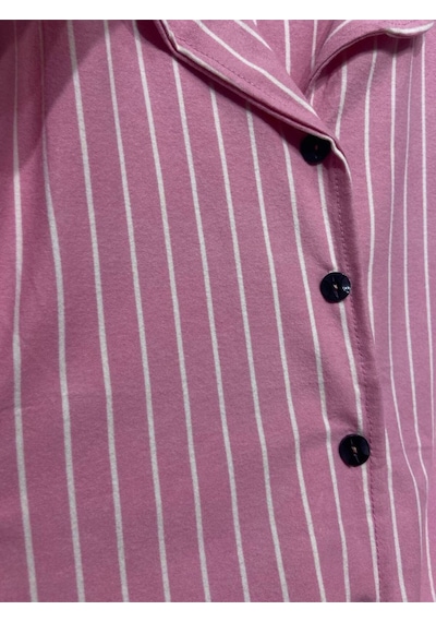 Rukod Kadın Uzun Kollu Gömlek Yaka Düğmeli Süet Pembe Beyaz Desenli Alt Üst Pijama Takımı Pembe