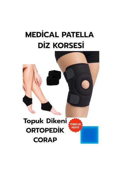 Topuk Çorabı 2'li Sağ Sol+ Medical Patella Destekli Dizlik + Termojel Ortopedik Destek Seti Siyah