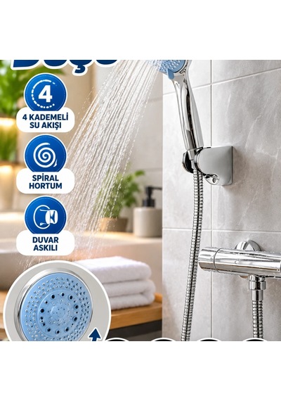 Mavi 4 Kademeli El Duşu Seti Spiral Hortum Ve Duvar Askılı Çok Renkli 37746801