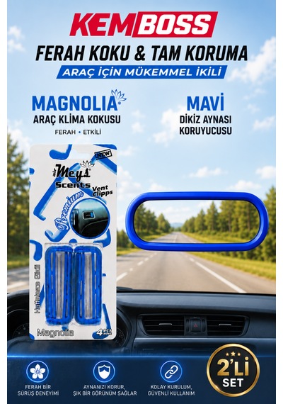 Kemboss Mavi Dikiz Aynası Koruyucu Ve Magnolia Mavi Klima Kokusu 2'li Araç İçi Aksesuar Seti