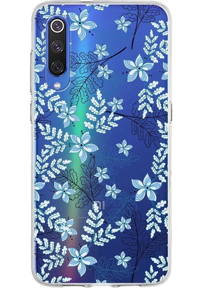 Xiaomi Mi 9 Uyumlu Kapak Floral Mavi Tasarımlı Şeffaf Silikon Kılıf
