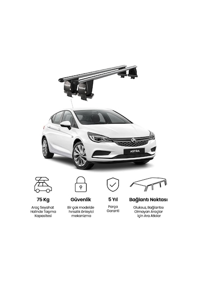 Royal Opel Astra 2016-2021 Uyumlu Gri Kilitli Ara Atkı Port Bagaj Tavan Barı