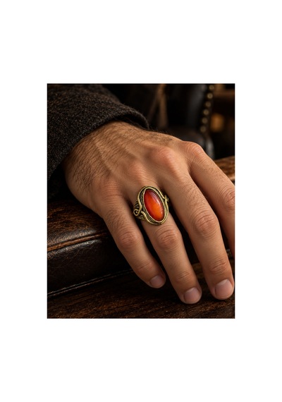 Esoo Jewelry Yılan Figürlü Akik Taşlı Ayarlanabilir Yüzük Antik Pirinç Unisex Gold