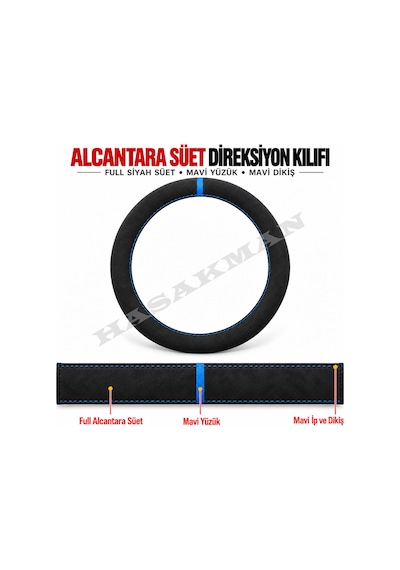 Audi Q3 Dikme Direksiyon Kılıfı Full Alcantara Süet Mavi Yüzük Ve Mavi Dikiş 2018-2026 Siyah