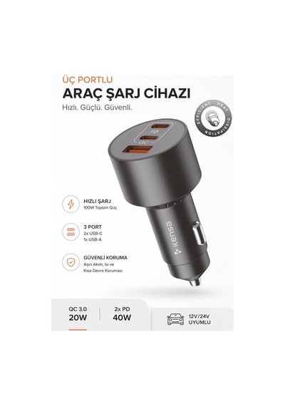 Tr 100w Araç Hızlı Şarj Aleti 2 Usb-c + Qc Usb Girişi Tüm Araçlar Uyumlu Şarj