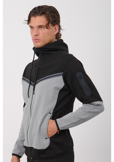 Dechers Erkek Siyah Tech Fleece Double Face Kapüşonlu Fermuarlı Eşofman Takımı - E228 Gri