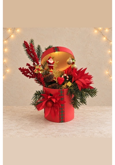 Coffret Magique Işıklı Kapaklı Noel Babalı Yılbaşı Hediye Kutusu - El Yapımı Yapay Çiçek Kırmızı