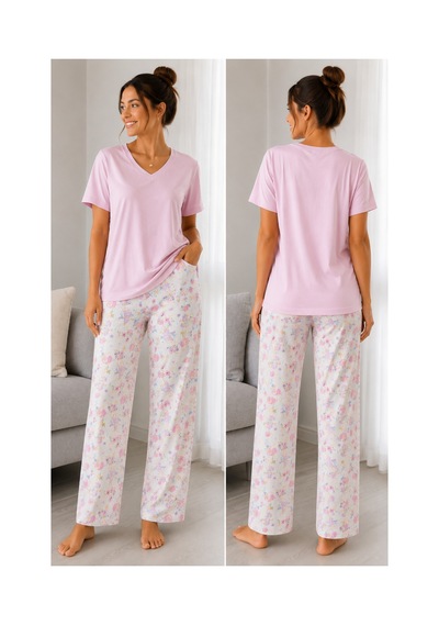 Mixxtrend Kadın Pamuklu Çiçekli Pijama Takımı Pembe