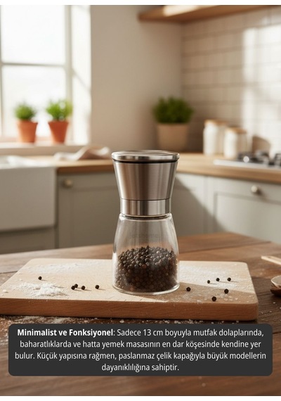 2'li Mini Set: 13 Cm Cam Ve Çelik Tuz Karabiber Değirmeni Modern Kahvaltı Ve Sunum Takımı Gümüş