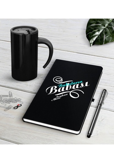 Kişiye Özel Babaların Babası Siyah Defter Kalem Termos Mug Seti-1 Siyah