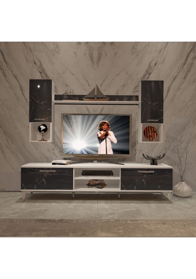 Decoraktiv Eko 5da Mdf Dvd Silver Tv Ünitesi Tv Sehpası Beyaz - Siyah Mermer