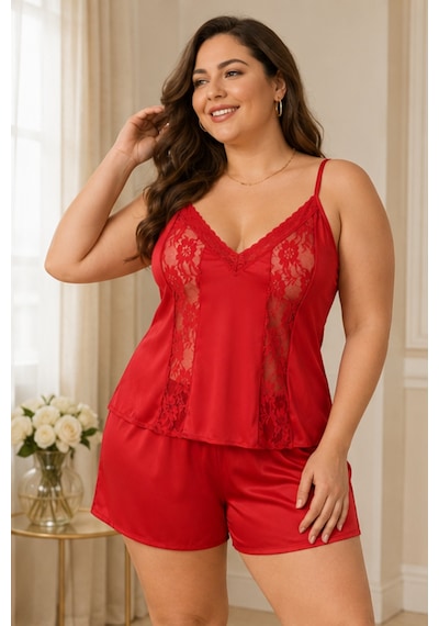Loule Büyük Beden Kırmızı Yan Dantelli Saten Şortlu Pijama Takımı