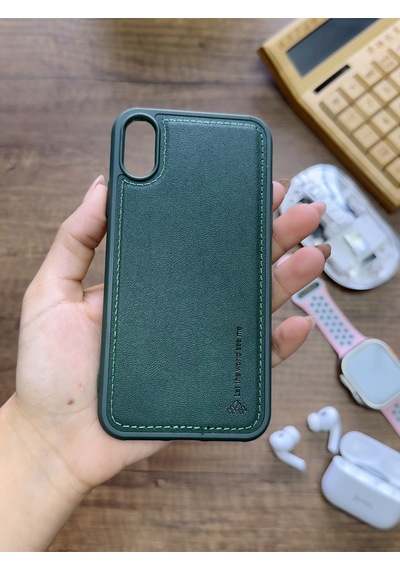 Apple iPhone X Uyumlu Premium Deri Dokulu Darbelere Karşı Dayanıklı Nazal Silikon Kılıf Haki