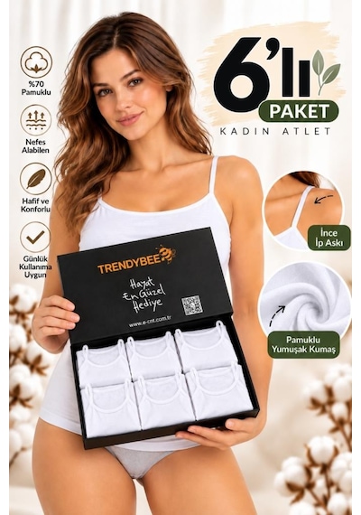 Trendybee Kadın İp Askılı Beyaz Atlet 6 Lı Paket Özel Kutuda Pamuklu Yumuşak Dokulu Günlük İç Giyim M Beden
