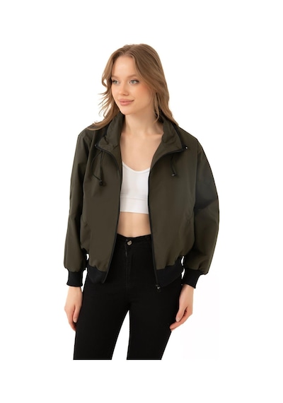 Spor Kadın Dik Yaka Su Ve Rüzgar Geçirmez Oversize Crop Mevsimlik Yağmurluk Rüzgarlık-133 Haki