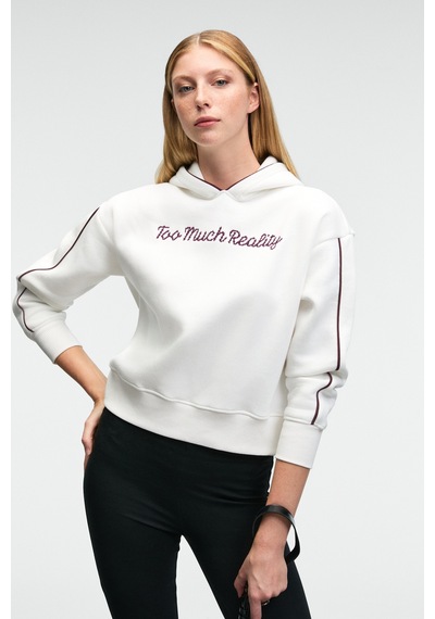 Grimelange VIRETHIA Kadın Ara Biyeli Baskı Ve Nakış Detaylı Kapüşonlu Relaxed Beyaz Sweatshirt