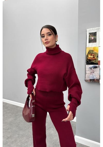 Meecy Balıkçı Yaka Parmak Geçirmeli Alt Üst Triko Takım Bordo Bordo