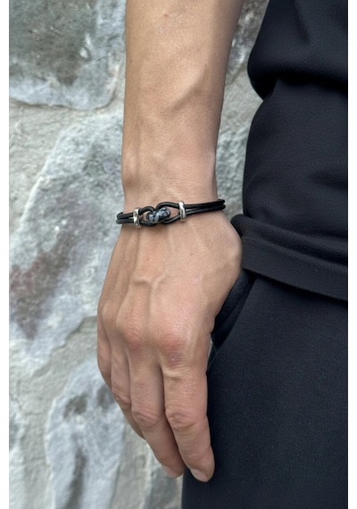 Erkek Siyah Jasper Doğal Taşlı Ayarlanabilir 22 Cm Deri Ve Çelik Bileklik
