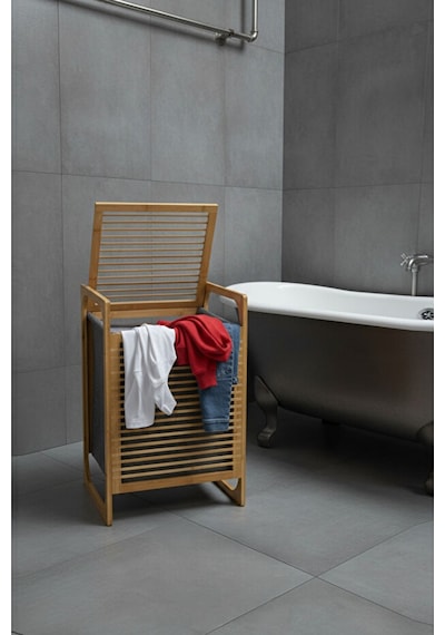 Porsima Pbt-350 Ahşap Bambu Kirli Sepeti Çok Amaçlı Banyo Düzenleyici Kirli Çamaşır Sepeti Organizeri Gri