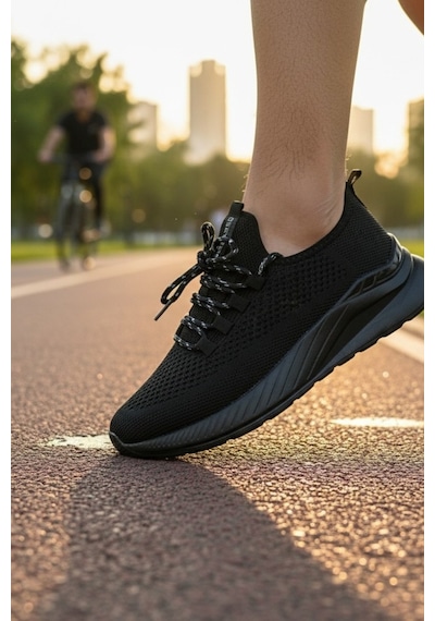 Enoch Erkek Tam Siyah Spor Ayakkabı Örme Sneaker Desenli Bağcık Detaylı Yürüyüş Modeli Siyah