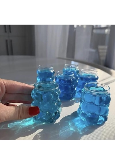 Şeffaf Kabarcıklı Cam Bardak 7 Cm, Kalın Cam Mini Su, Kahve, Kola Ve Meşrubat Bardağı, 4 Lü Set, Dayanıklı, Modern, Ergonomik Tasarım, Kahve Yanı Üzüm Bardak. Açık Kırmızı