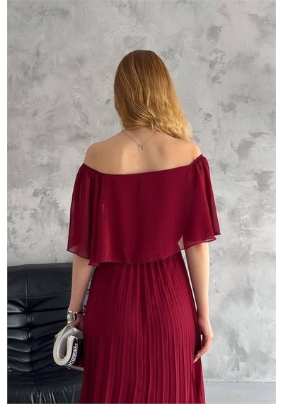 Neşeli Butik Kadın Madonna Yaka Piliseli Şifon Elbise Nbk2099 Bordo