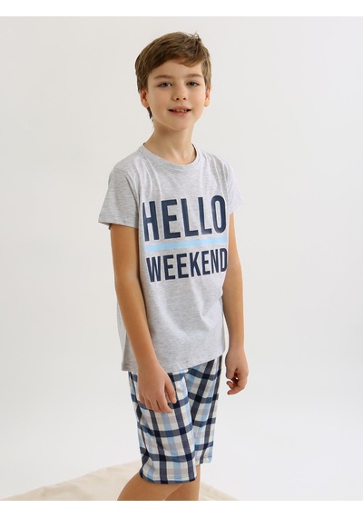 Vitmo Erkek Çocuk Kısa Kollu Kapri %100 Pamuklu Pijama Takımı Hello Weekend KARMELANJ