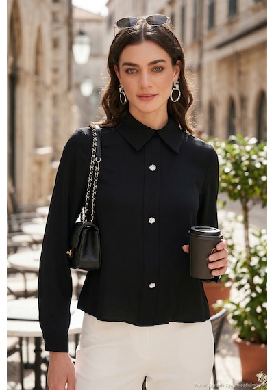 Lela Taşlı Regular Fit Gömlek Yaka Fermuarlı Bayan Bluz 611Bz0493 Siyah