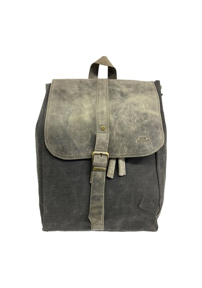 Old Cotton Cargo Deri Kanvas Tek Bölmeli Büzgülü Kapaklı Vintage Disayn Sırt Gezi Çantası Gds Erica Bag 7120 Siyah