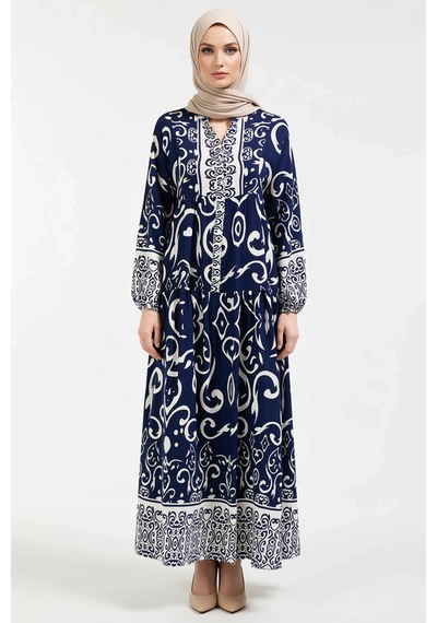 Benerly Kadın Maxi Viskon Dokuma Elbise Hakim Yaka Reglan Kol Etnik Desen Indigo