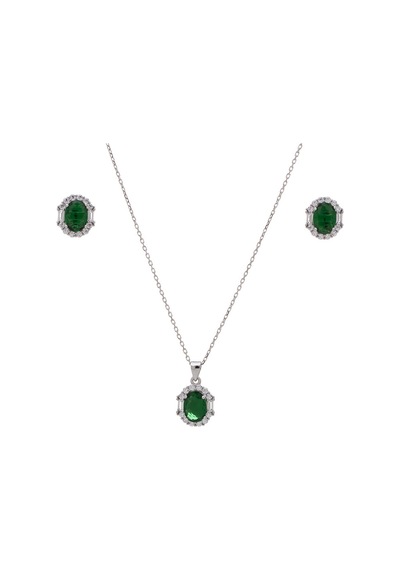 5-8 Mm Yeşil Oval Zirkon Taşlı 925 Ayar Gümüş Kadın 2'li Set Gümüş