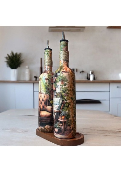 El Yapımı Kışbahçesi Desenli Renkli 750 Ml Zeytinyağı Sıvıyağ Şişesi Yağdanlık Yağlık 2'li Set Çok Renkli