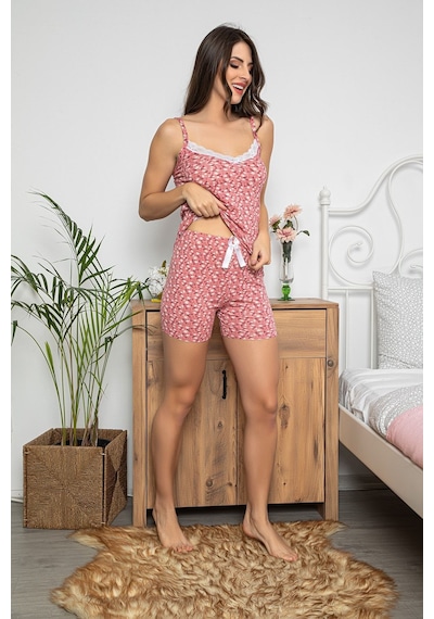 Myben Kadın Pembe Renkli Dantel Detaylı Şortlu Ve Taytlı Pijama Takımı 3'lü Set 75012 Pembe