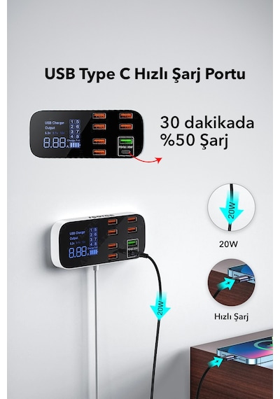 Spovan Impro Led Ekranlı 8 Port Usb Type C Şarj Cihazı