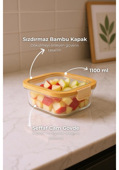Bambum Poira - Cam Kapaklı Kilitli Cam Saklama Kabı 1100 Ml Bambu