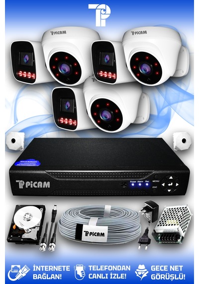 Picam 6 Kameralı Zebra 3 İç Kamera Set 500 Gb 5 Mp 2k Net Gece Görüşlü Güvenlik Kamerası Sistemi