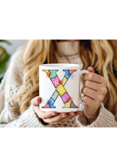 X Harfi Renkli Yamalı Tasarım Kupa Bardak - Bohem Patchwork Desenli Kupa - Etnik Hediyelik Beyaz