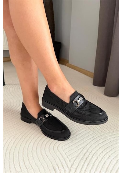 Kadın Marie Siyah Triko Metal Tokalı Kadın Loafer Günlük Makosen Ayakkabı