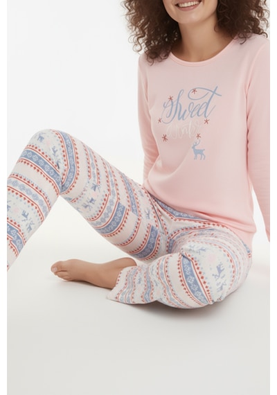 Luxury Thermal Sweet Winter Geyik Desenli Kadın Polar Kışlık Pijama Takımı 42054 Pembe