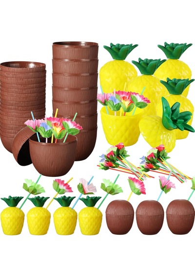 Ananas &amp Amp Hindistan Cevizi Tasarımlı Pipetli Bardak Seti 6 Adet Çok Renkli