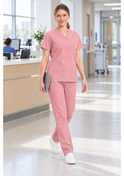 Pembe Kadın Hemşire Ve Doktor Forması V Yaka Rahat Kesim Boru Paça Alt Üst Takım Pembe