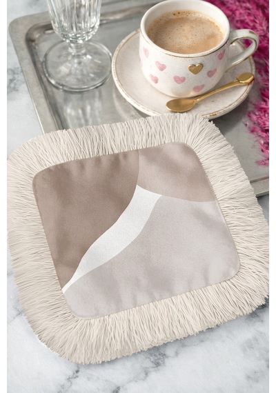Soft Elegance Saçaklı Sunum Peçetesi - Akışkan Dalga Bohem Bej Krem Desenli Kahve Sunum Mendili Göl Açık Bej