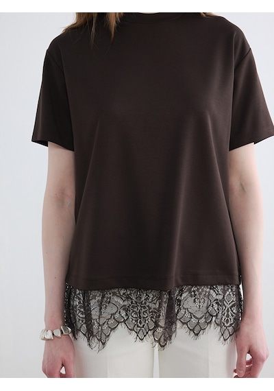 Lcw Modest Kahverengi Dantel Detaylı Soft Touch Kadın Tişört