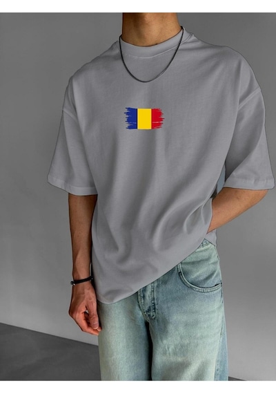 Romanya Bayrağı Baskılı Oversize Tişört Gri