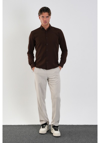 Redline Flex Slim Fit Yumuşak Kolay Ütü Nefes Alan Erkek Gömlek Kahve