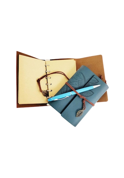 Özel Ahşap Kutulu Mavi Deri Defter Ve Kalem  Set