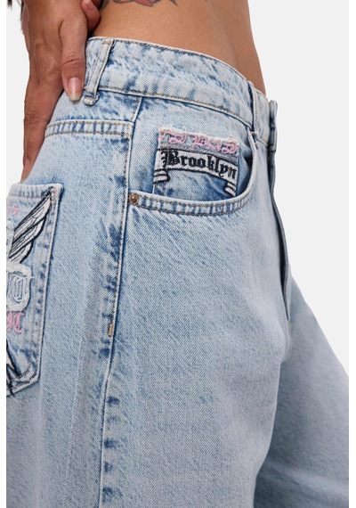 Kadın Ice 12s6-3 Süper Baggy Özel Nakışlı Tasarım Denim Jean Buz Mavi