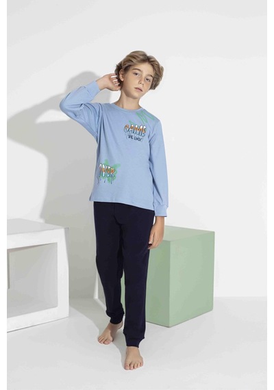 Aykıds Erkek Çocuk Baskılı Uzun Kollu Pijama Takımı Mevsimlik 74111-y Mavı