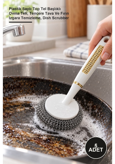 5 Adet Saplı Bulaşık Teli Plastik Saplı Top Tel Başlıklı Ovma Teli, Tencere Tava Ve Fırın Izgara Temizleme, Dish Scrubber Metal