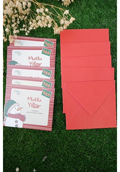 20 Adet Kırmızı Zarflı Kardan Adam Yılbaşı Tebrik Kartı - Yılbaşı - Zarflı Kartpostal 9x6cm